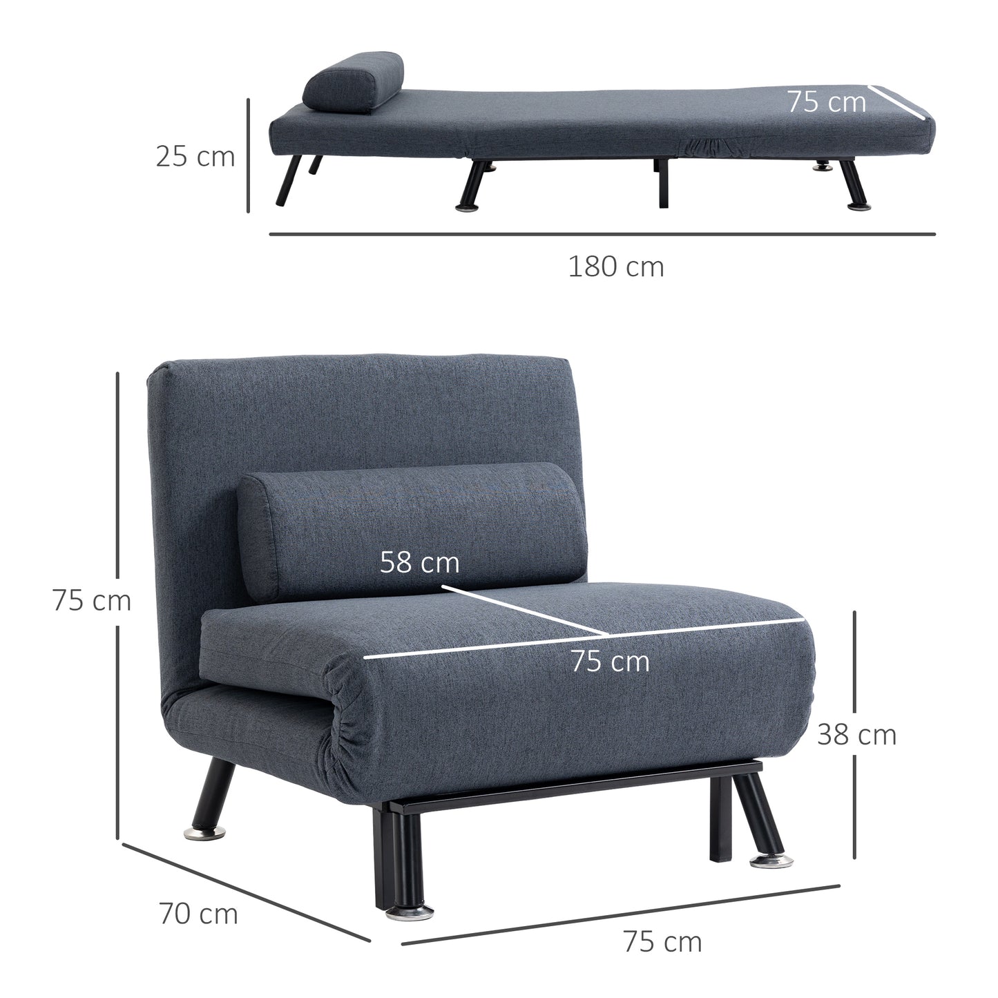 Single Sofa Bed Chair, Futon Couch, Faux Suede 5-Position for Living Room, Guests,  Dark Grey