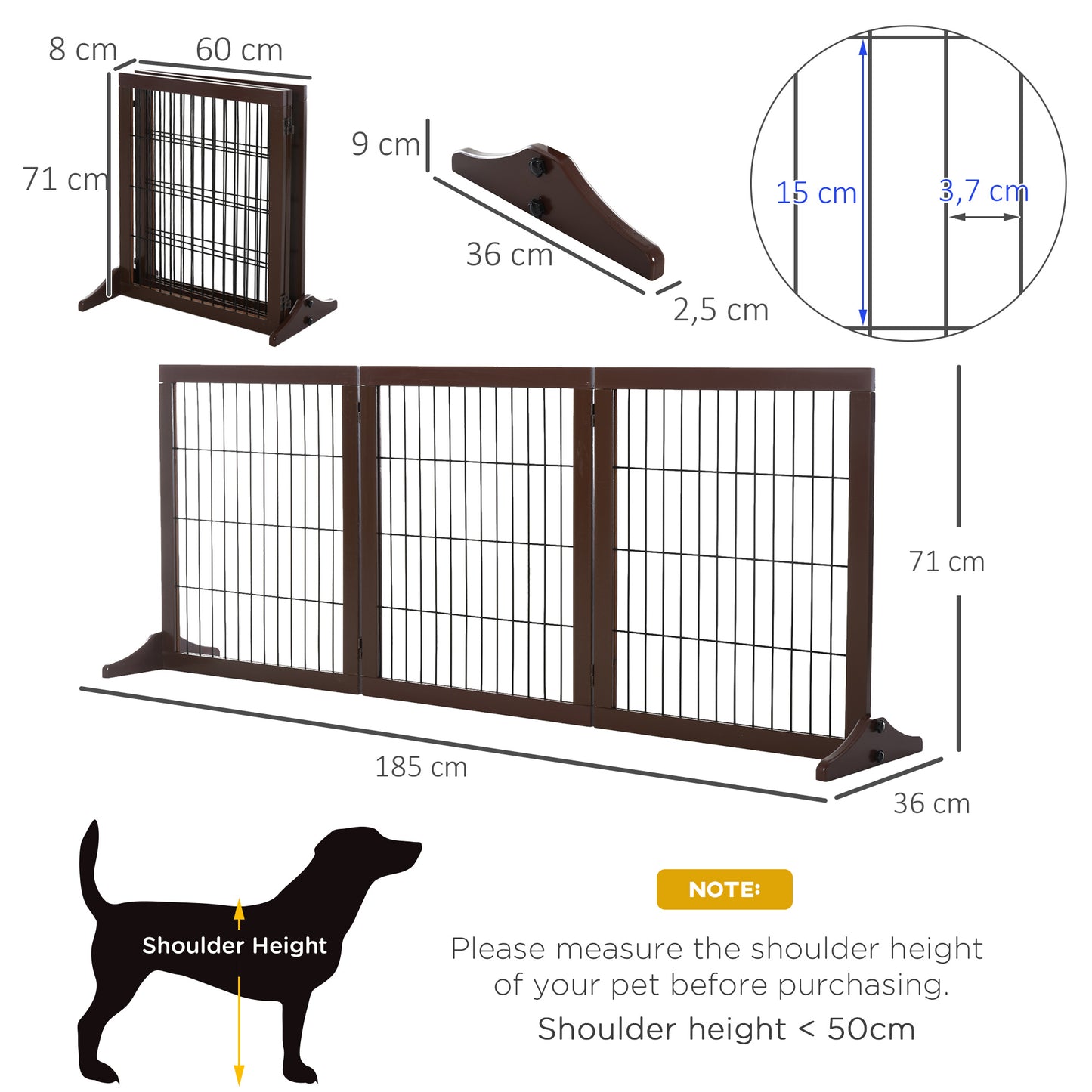 Dog Safety Gate, 3 Panel, Pine Frame Indoor Foldable Dog Barrier w/Supporting Foot Dividing Line