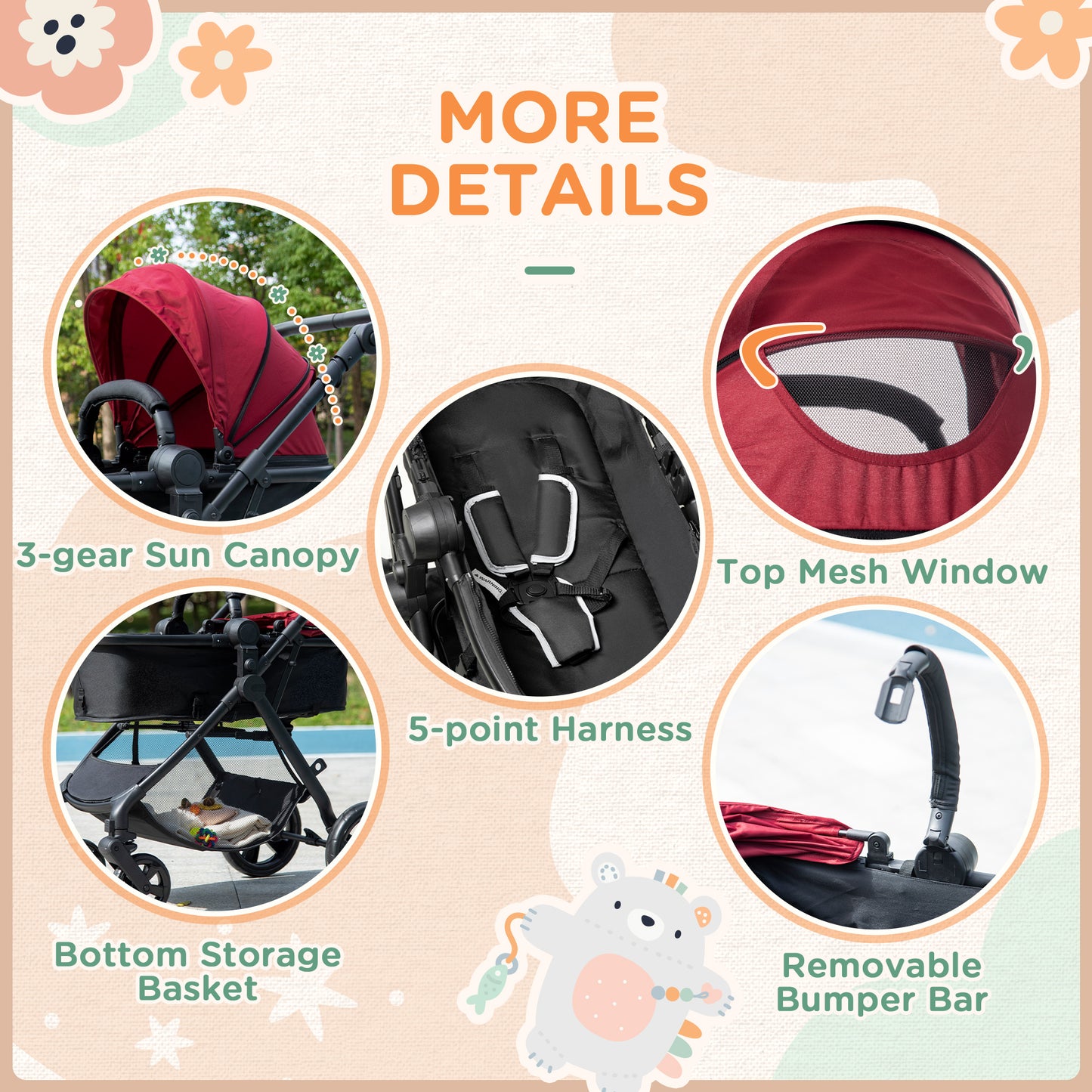 Baby Stroller Pram Pushchair 2 in 1 Lightweight w/ Reversible Seat, Foldable Travel, Fully Reclining From Birth to 3 Years, Red