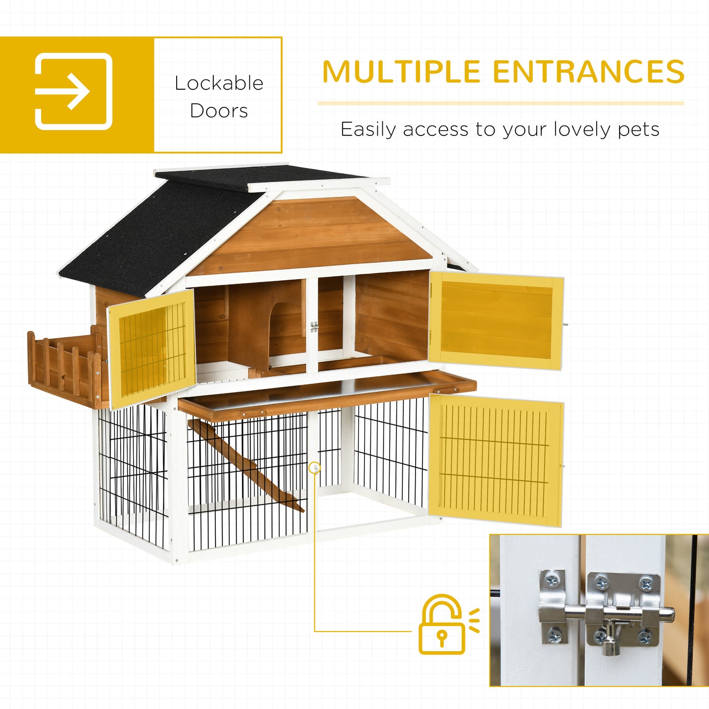 2 Tier Wooden Rabbit Hutch, Guinea Pig Cage, Bunny Run, Small Animal House with Plant Box 123 x 58 x 106cm, Natural