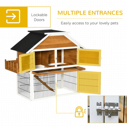 2 Tier Wooden Rabbit Hutch, Guinea Pig Cage, Bunny Run, Small Animal House with Plant Box 123 x 58 x 106cm, Natural