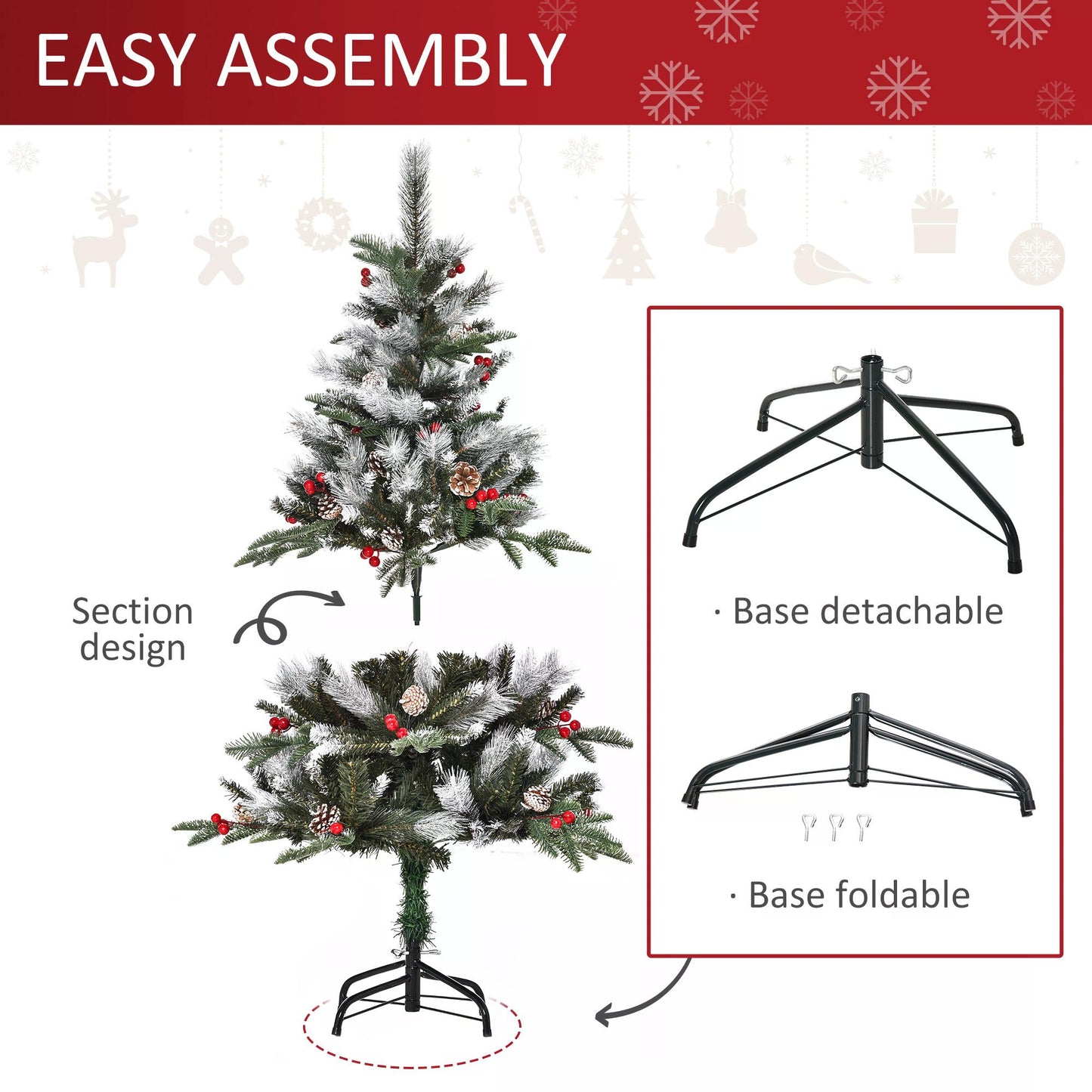 4FT Artificial Snow Dipped Christmas Tree Xmas Pencil Tree Holiday Home Party Decoration with Foldable Feet