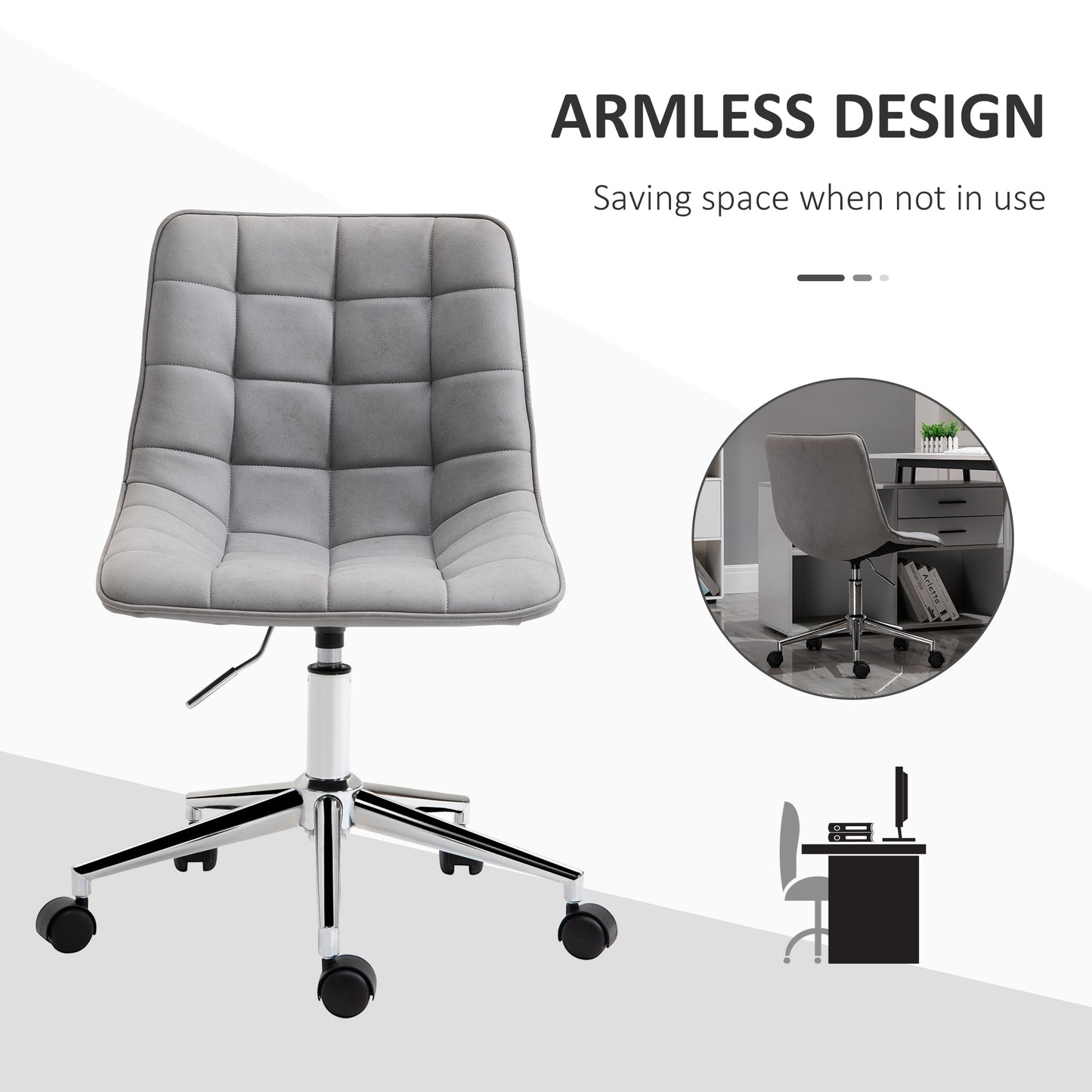 Armless Office Task Chair, with Adjustable Height Soft Breathable Fabric 360° Casters, Grey