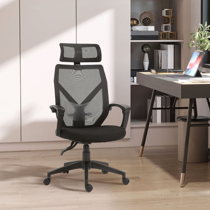 Vinsetto Back Support Chair for Home, Mesh, Ergonomic w/ Removable Headrest 5 Wheels Armrests Support 360° Swivel 