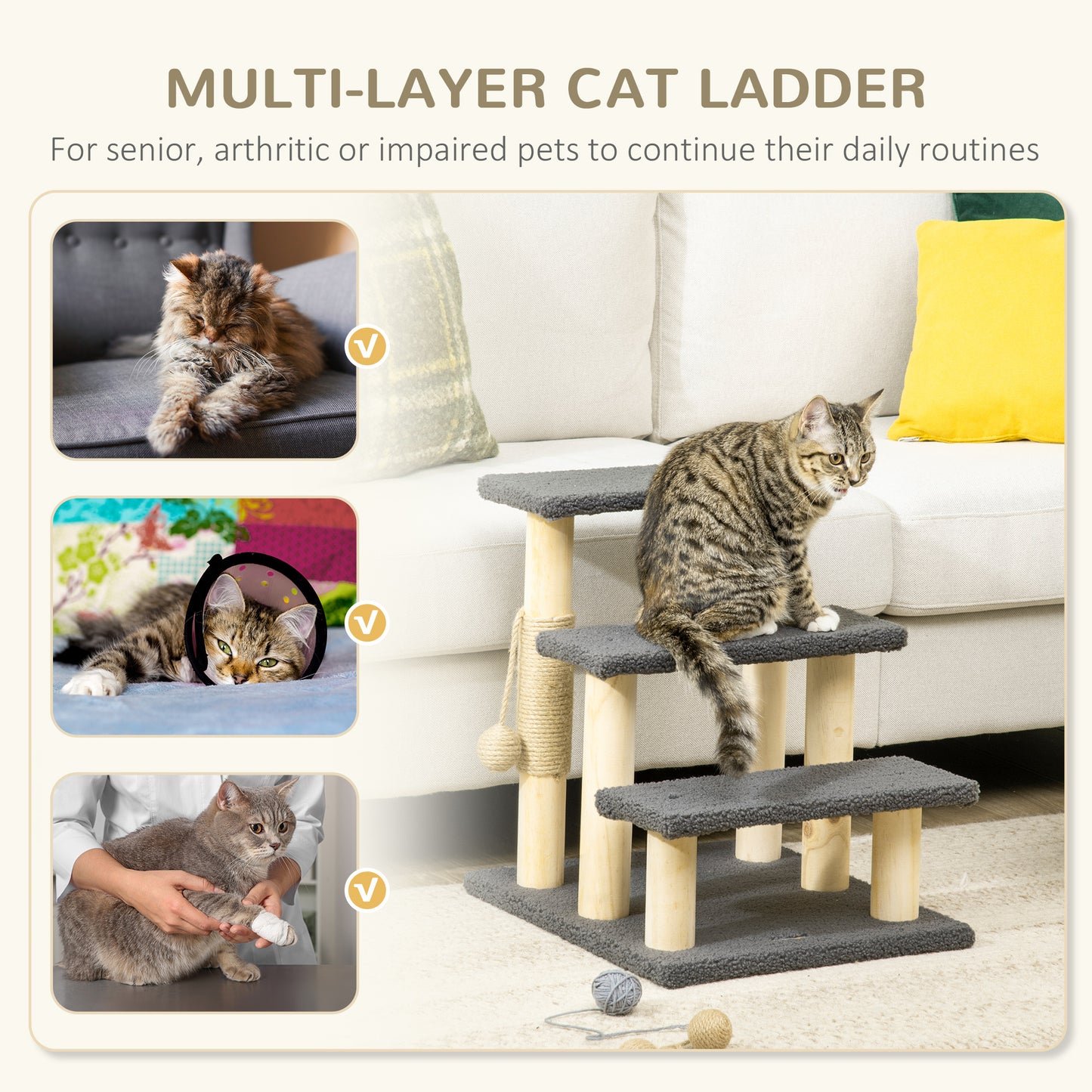 Cat Ladder, Cat Stair, Cat Ramp, for Kitten, w/ Scratching Post, Hanging Ball, Soft Touch, Three Layer, Grey