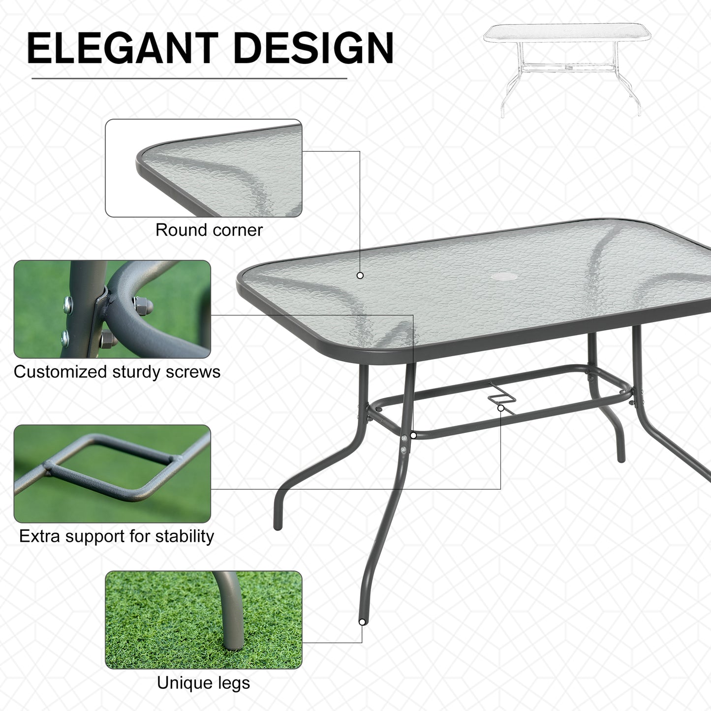 Glass Top Garden Table Curved Metal Frame w/ Parasol Hole 4 Legs Outdoor  Balcony Sturdy Friends Family Dining Table  -Grey