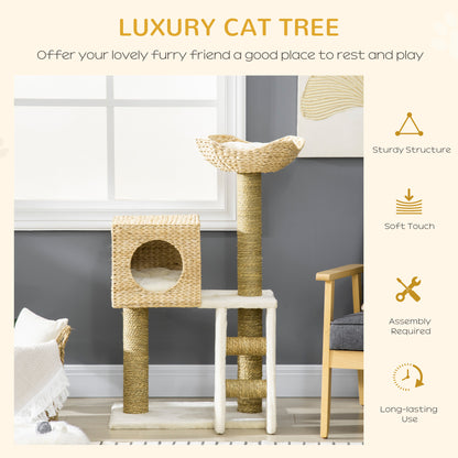 Cat Tower with Cat House Scratching Post Cat Ladder for Kitten Washable Cushion Activity Center Natural