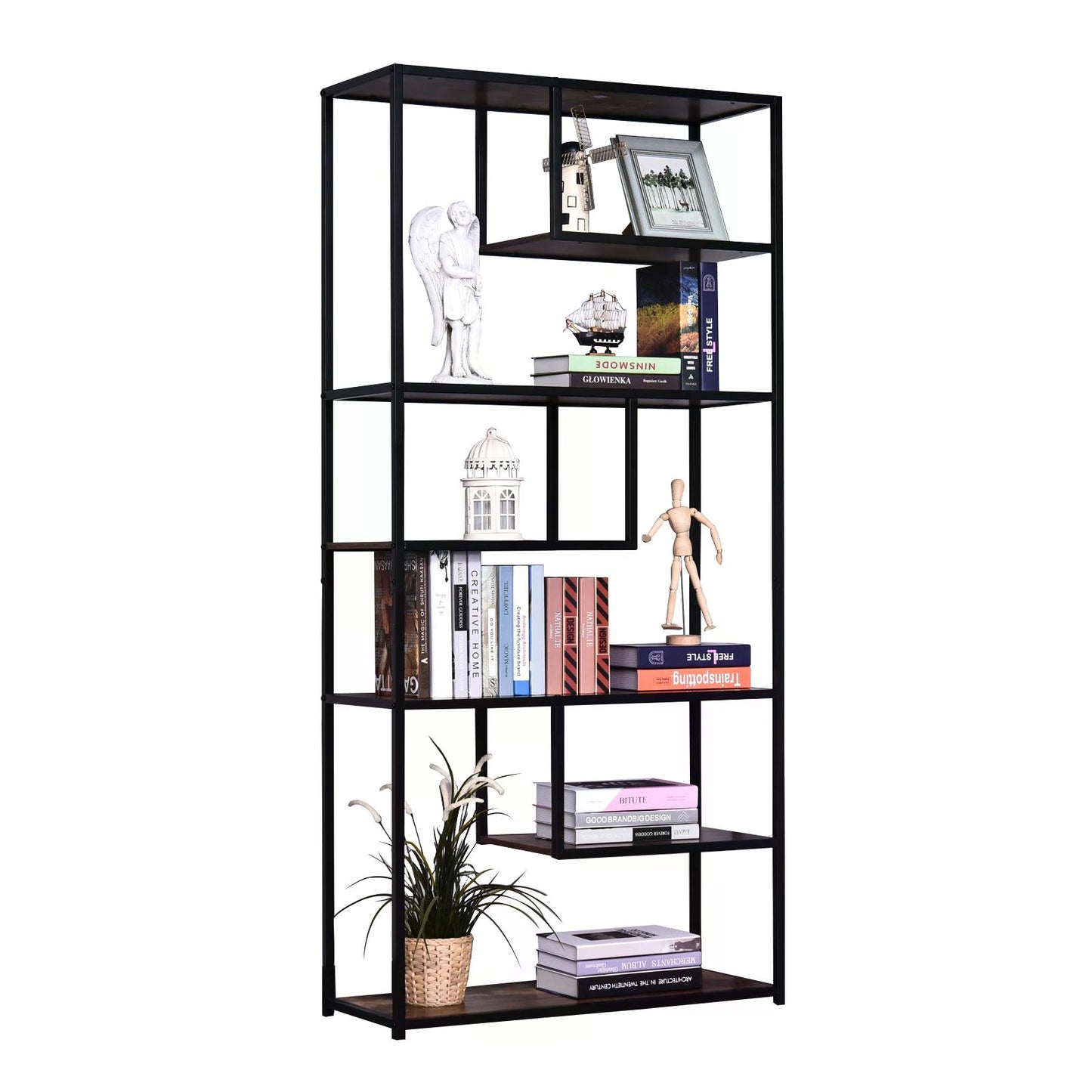 Steel Frame 6 Tier Staggered Display Shelf Black/Brown