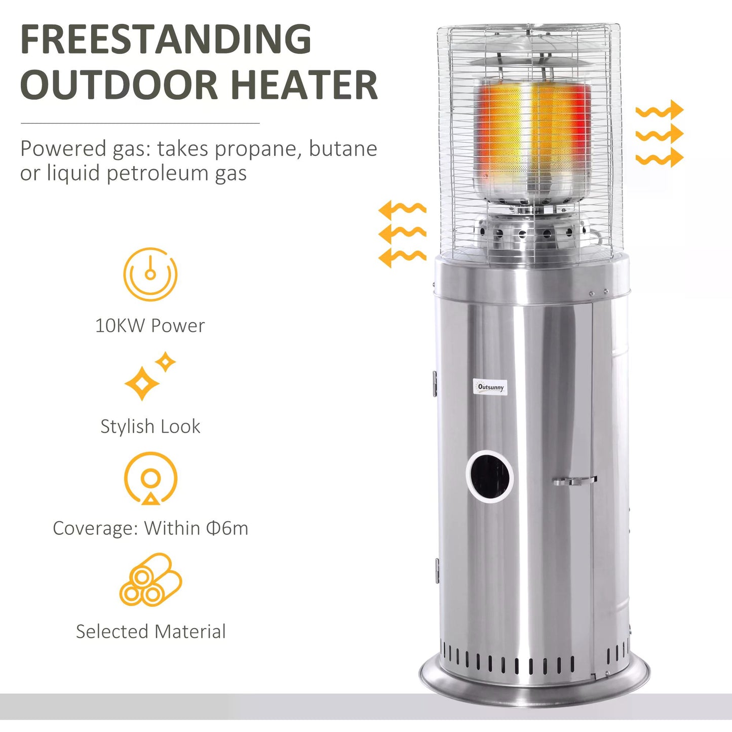 10KW Outdoor Gas Patio Heater Terrace Freestanding Bullet Style Heater with Wheels, Dust Cover, Regulator and Hose, Silver