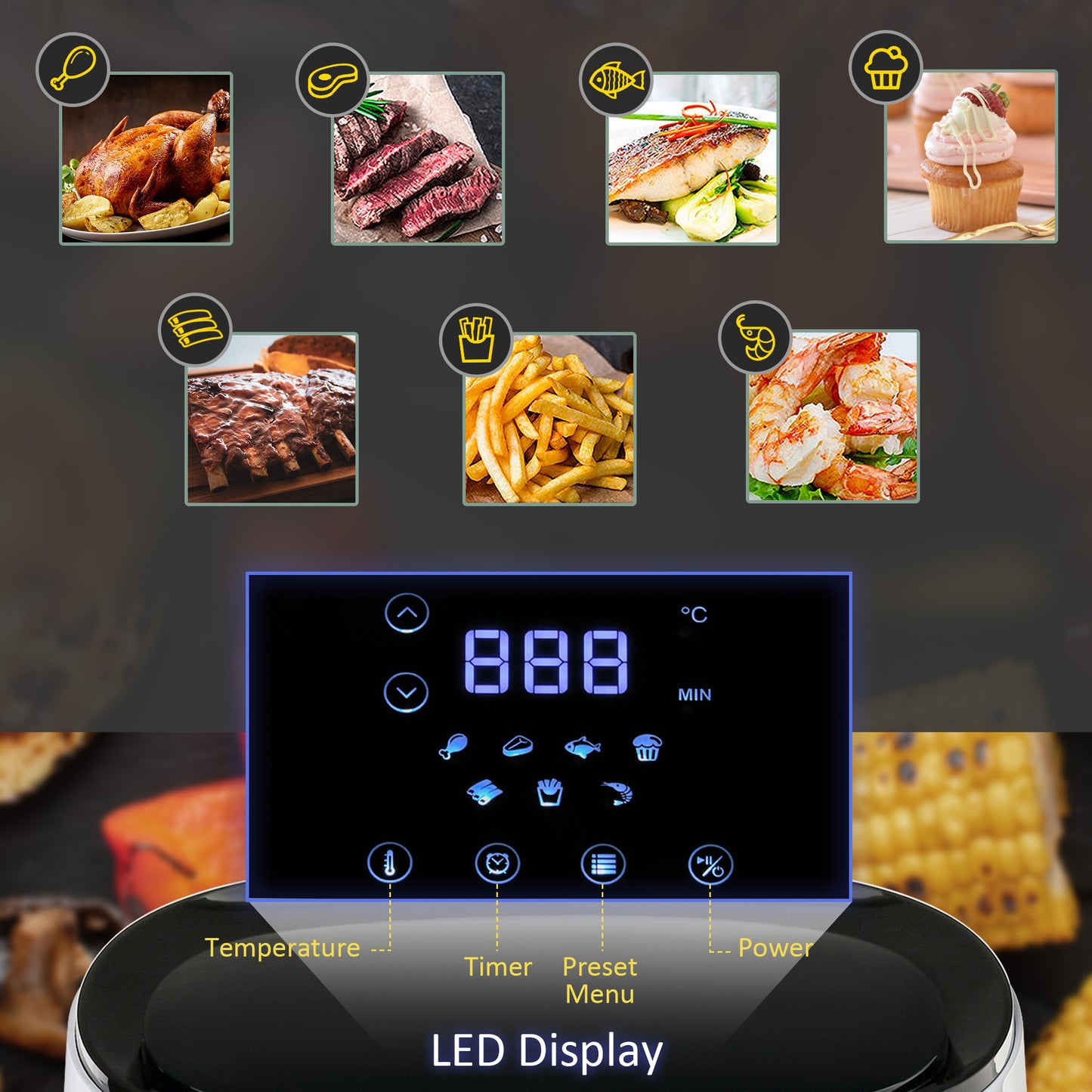 Smart Air Fryers, 1300W 2.5L with Digital Display, Rapid Air Circulation, Adjustable Temperature, Timer White