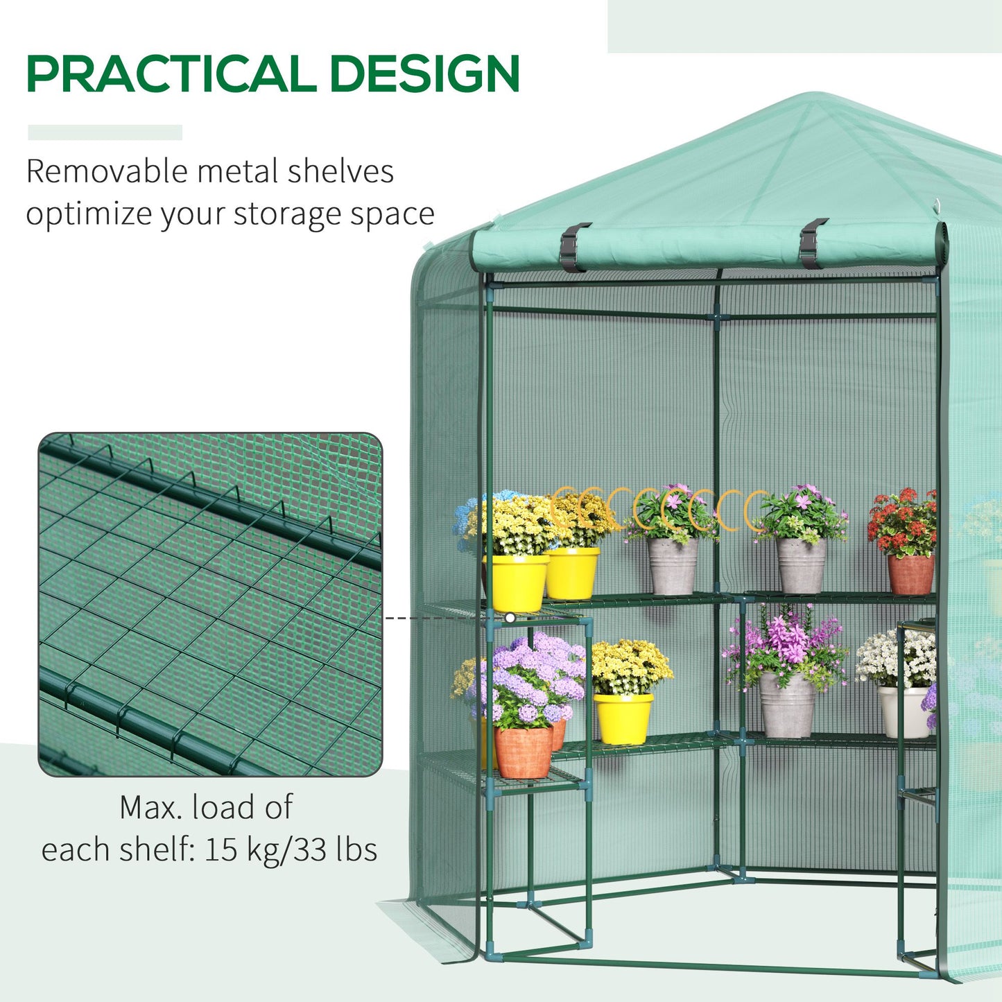 Hexagon Walk In Greenhouse PE Planter Flower Growth with Zipped Door 194 x 225H cm Walk-in Zipper Steel