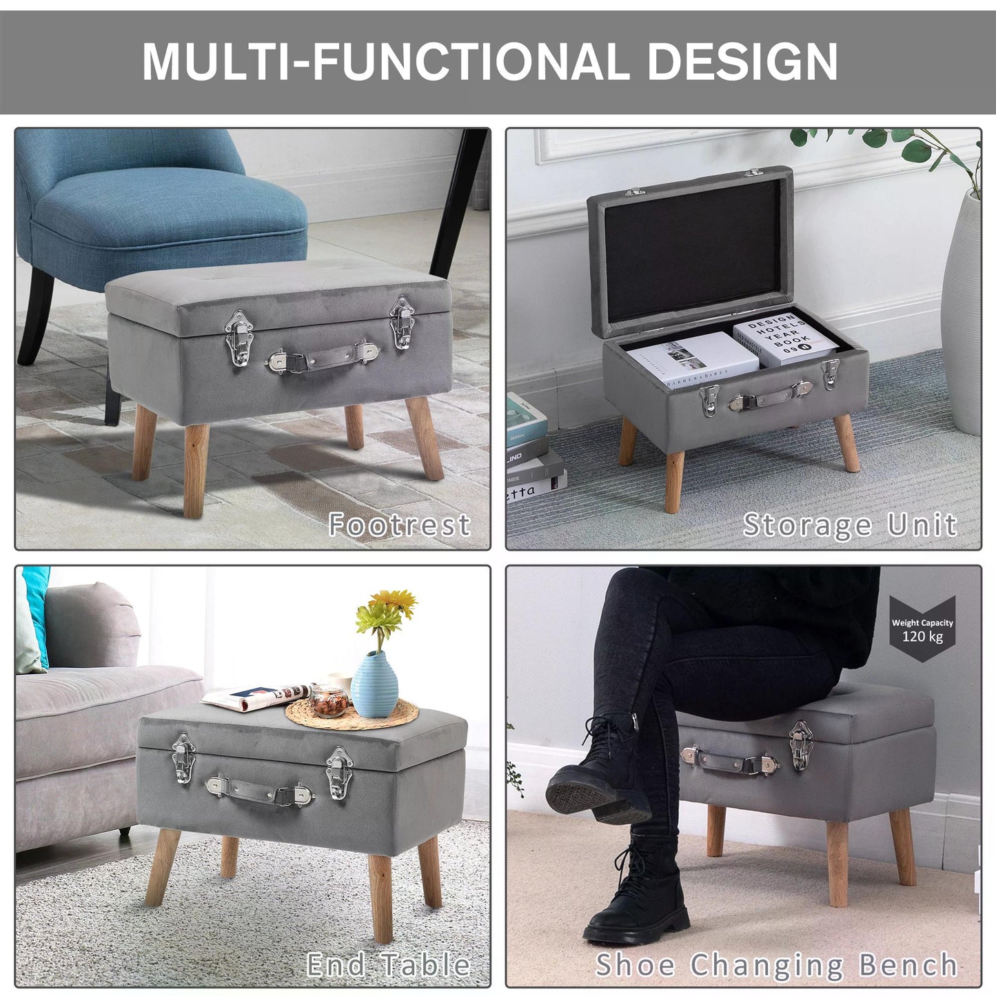 Grey Ottoman with Storage, Faux Velvet Upholstered Trunk w/ Wooden Legs