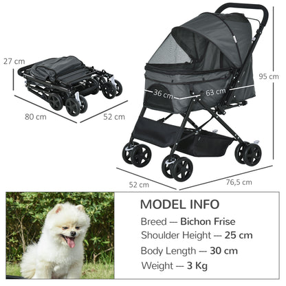 Cat Stroller Pram Pushchair, Foldable w/ Reversible Handle EVA Wheel Brake Basket Adjustable Canopy Safety Leash Grey