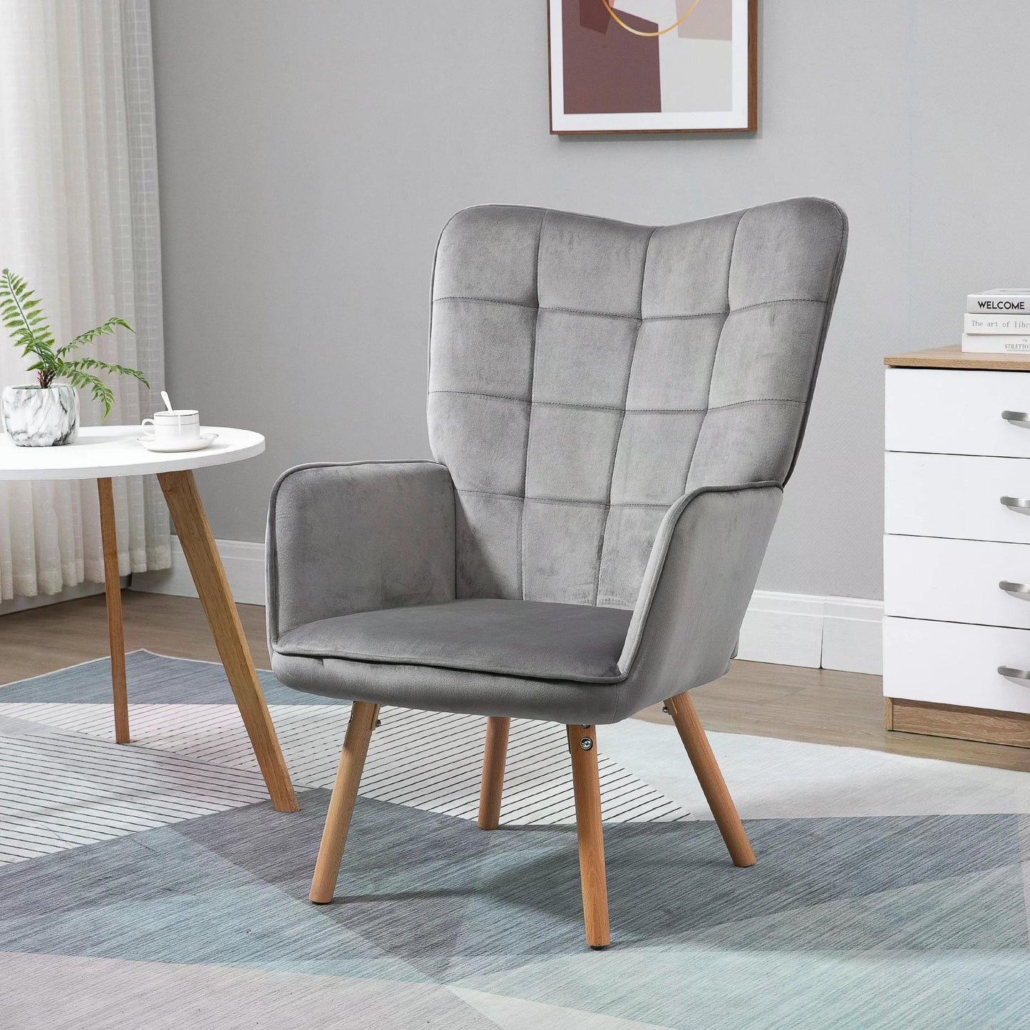 HOMCOM Modern Accent Chair Velvet-Touch Tufted Wingback Armchair Upholstered Leisure Lounge Sofa Club Chair with Wood Legs, Grey 