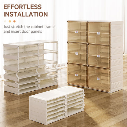 Clear Shoeboxes,  Plastic Shoe Storage Cabinet, with Ten Compartments, Magnet Doors for Hallway White Brown