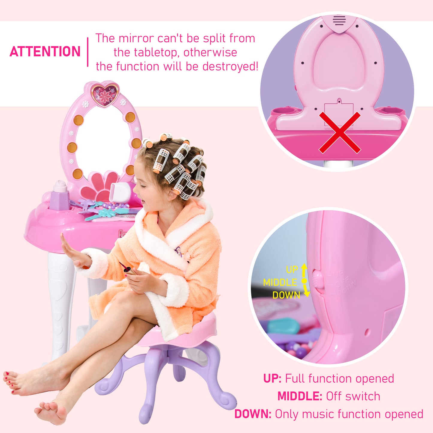 Childrens Makeup Table with Lights, Pink/White