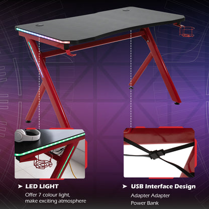 Small Gaming Desk, Steel Frame LED w/ Headphone & Drink Holder Black