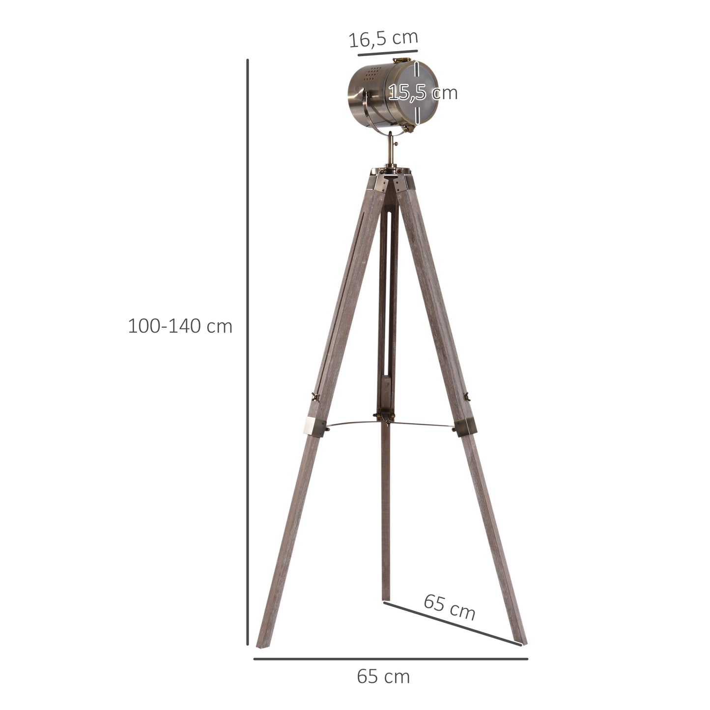 Floor Spotlight, Tripod Floor Lamp, Pine Dark Wood, Retro Photography Style Lamp Head Copper Finished Shade Home