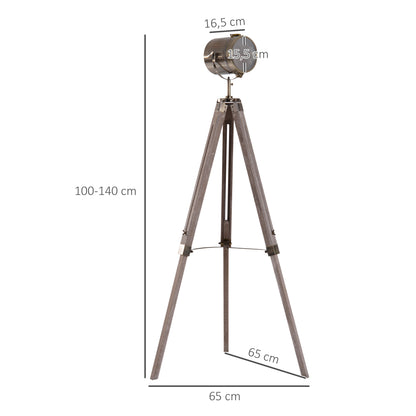 Floor Spotlight, Tripod Floor Lamp, Pine Dark Wood, Retro Photography Style Lamp Head Copper Finished Shade Home