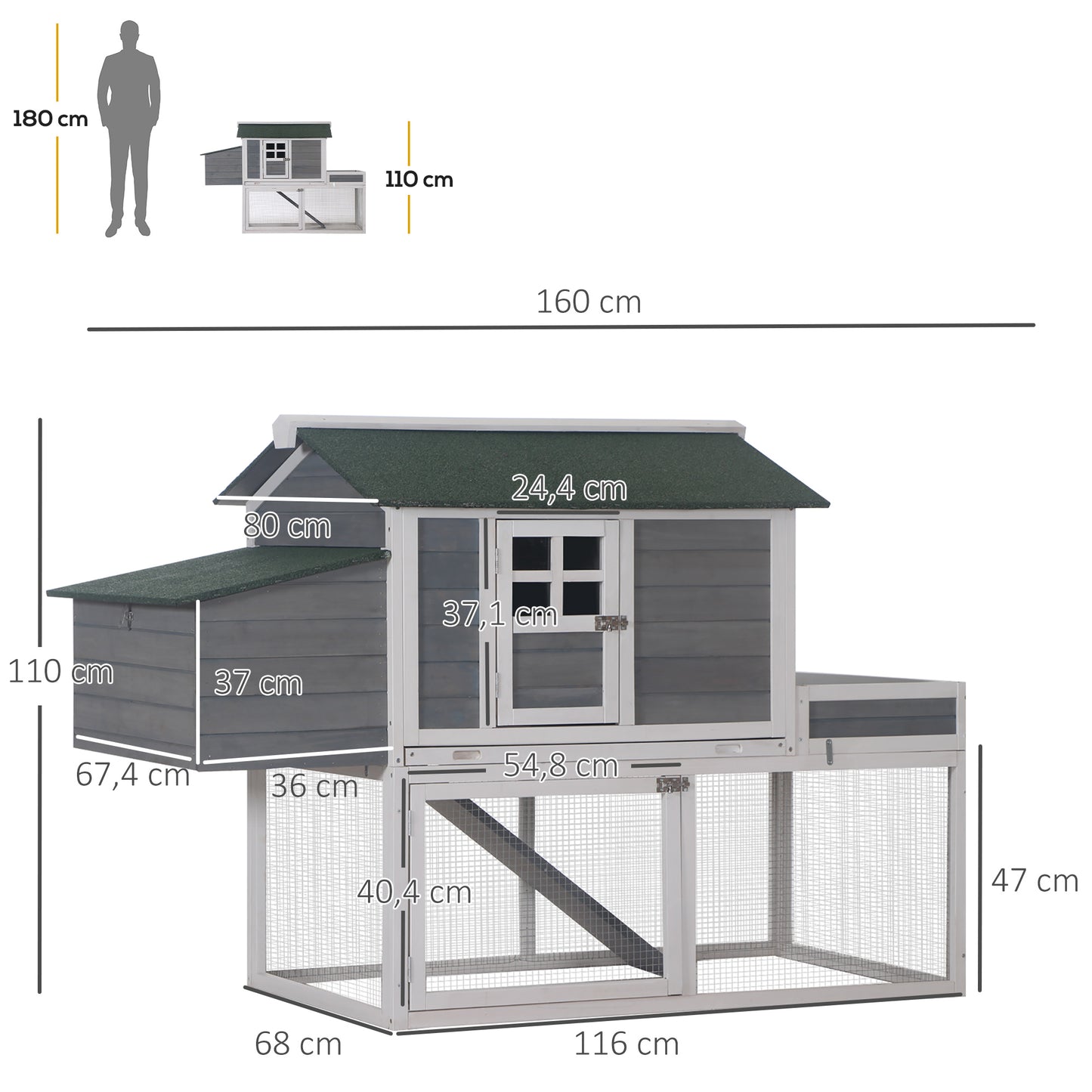 160cm Hen Coop，Wooden, With Garden Box, Run Area, Nesting Box