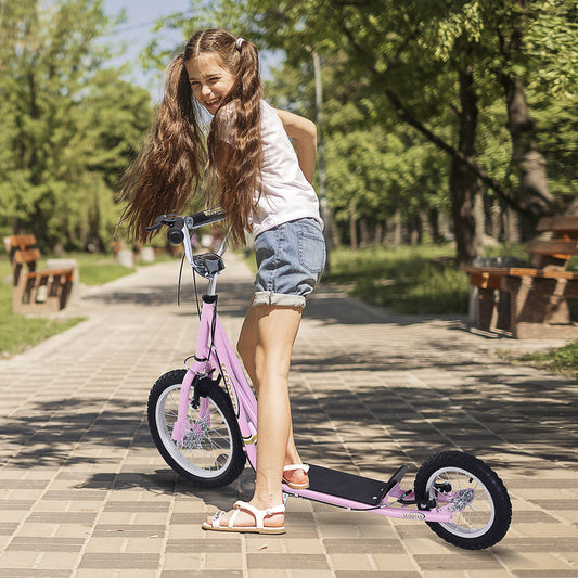 HOMCOM Teen Scooter Push Kick Scooters for Kids with Rubber Wheels Adjustable Handlebar Front Rear Dual Brakes Kickstand, Pink 