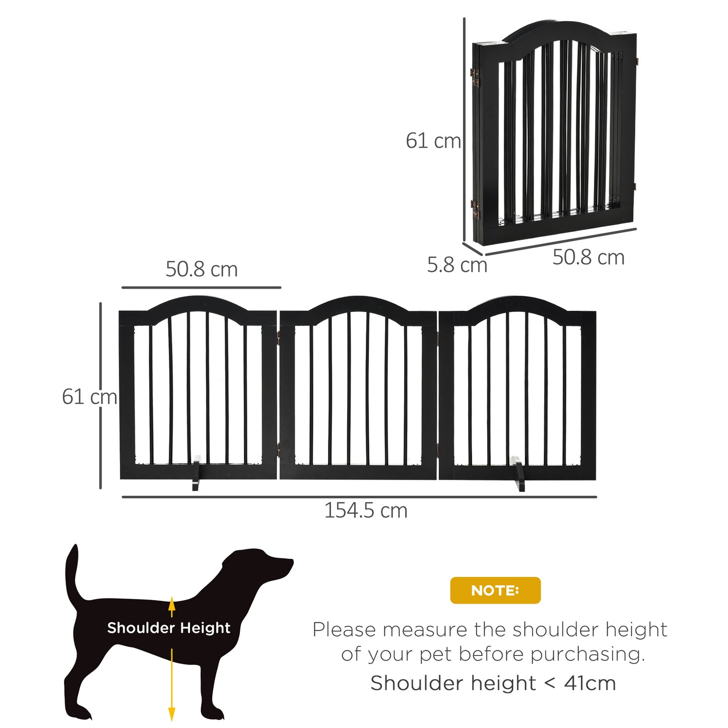 Wooden Foldable Small Sized Dog Gate Stepover Panel with Support Feet Pet Fence Freestanding Safety Barrier Black