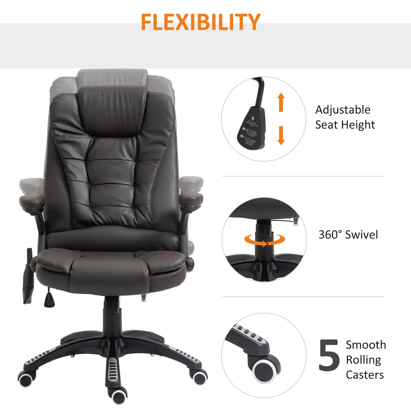 Executive Office Chair, Massage Office Chair, Office Chair, Leather, 135° Reclining, Rocking Function, 360° Swivel, Brown