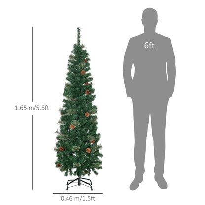 5.5ft Narrow Christmas Tree, Tall Pencil Slim with Realistic Branches, 412 Tip Count and 21 Pine Cones, Pine Needles Tree