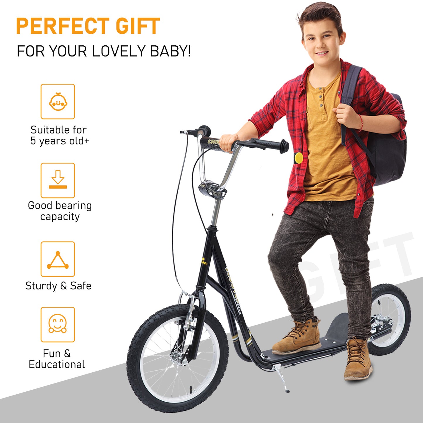 Bicycle Scooter, Kick Scooter for Kids, Big Wheel, 12" Tyres Ride On-Black