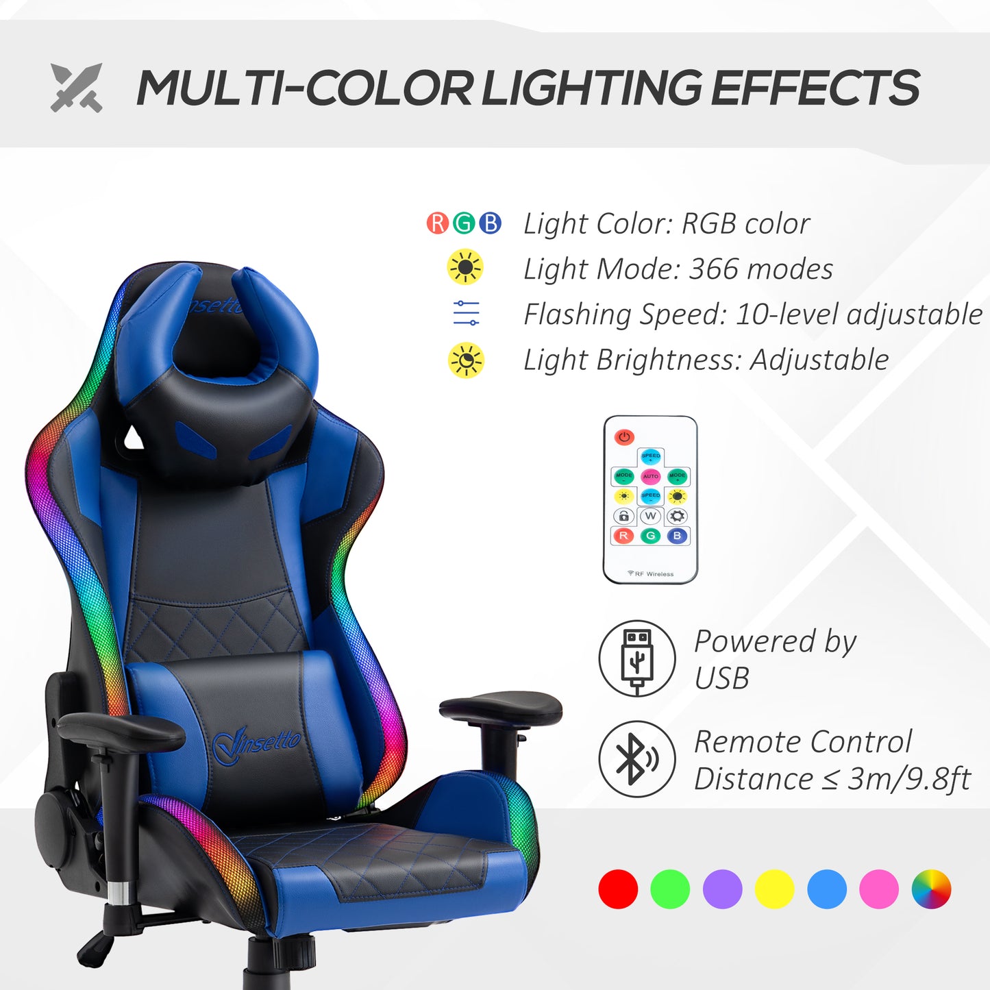 Ergonomic Gaming Chair with RGB LED Light, Lumbar Support, Gamer Recliner, Blue