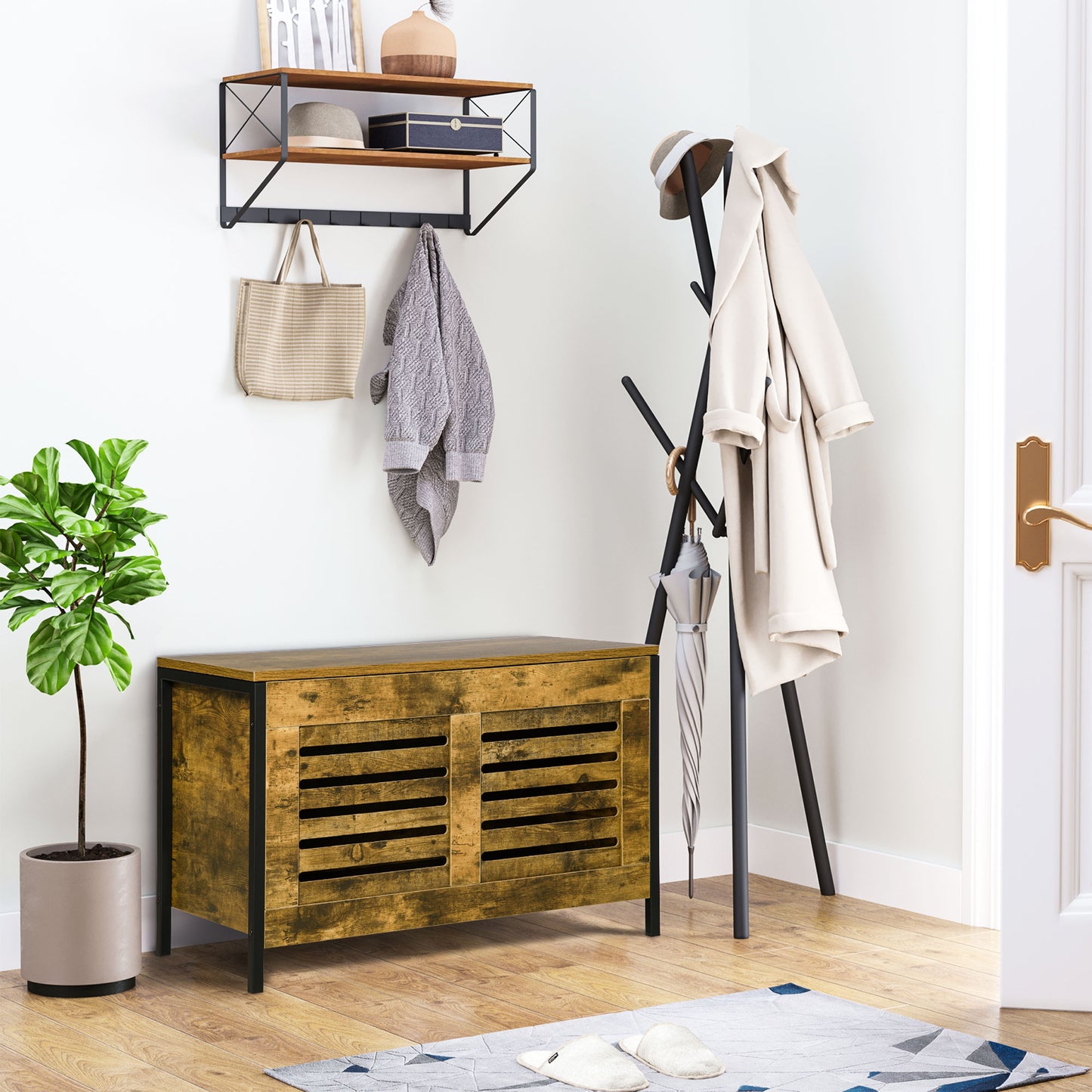 HOMCOM Wooden Storage Box, Industrial Storage Bench, Lift Top Storage Chest, with Lid & Louvred Cabinet Rustic Brown 