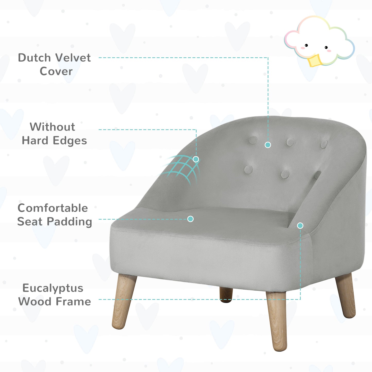 Childrens Armchair, Toddlercouch, with Footstool, Eucalyptus Wood, Dutch Velvet Grey