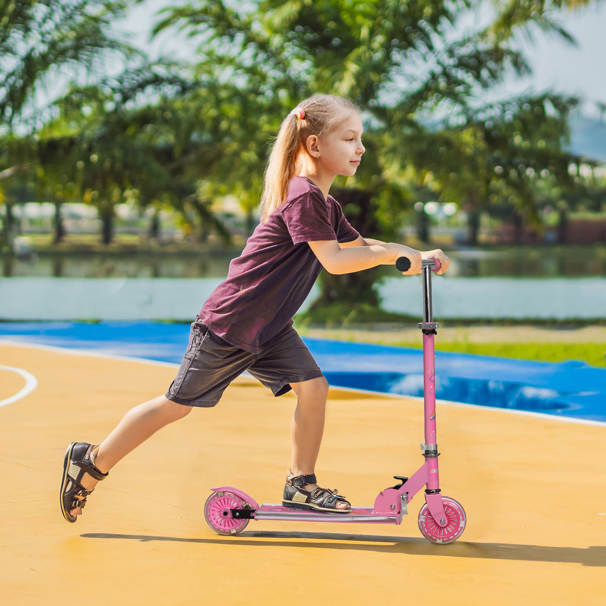 HOMCOM Childrens 2 Wheel Scooter,, with Lights, Music, Adjustable Height, Foldable Frame, for Ages 3-7 Years - Pink  