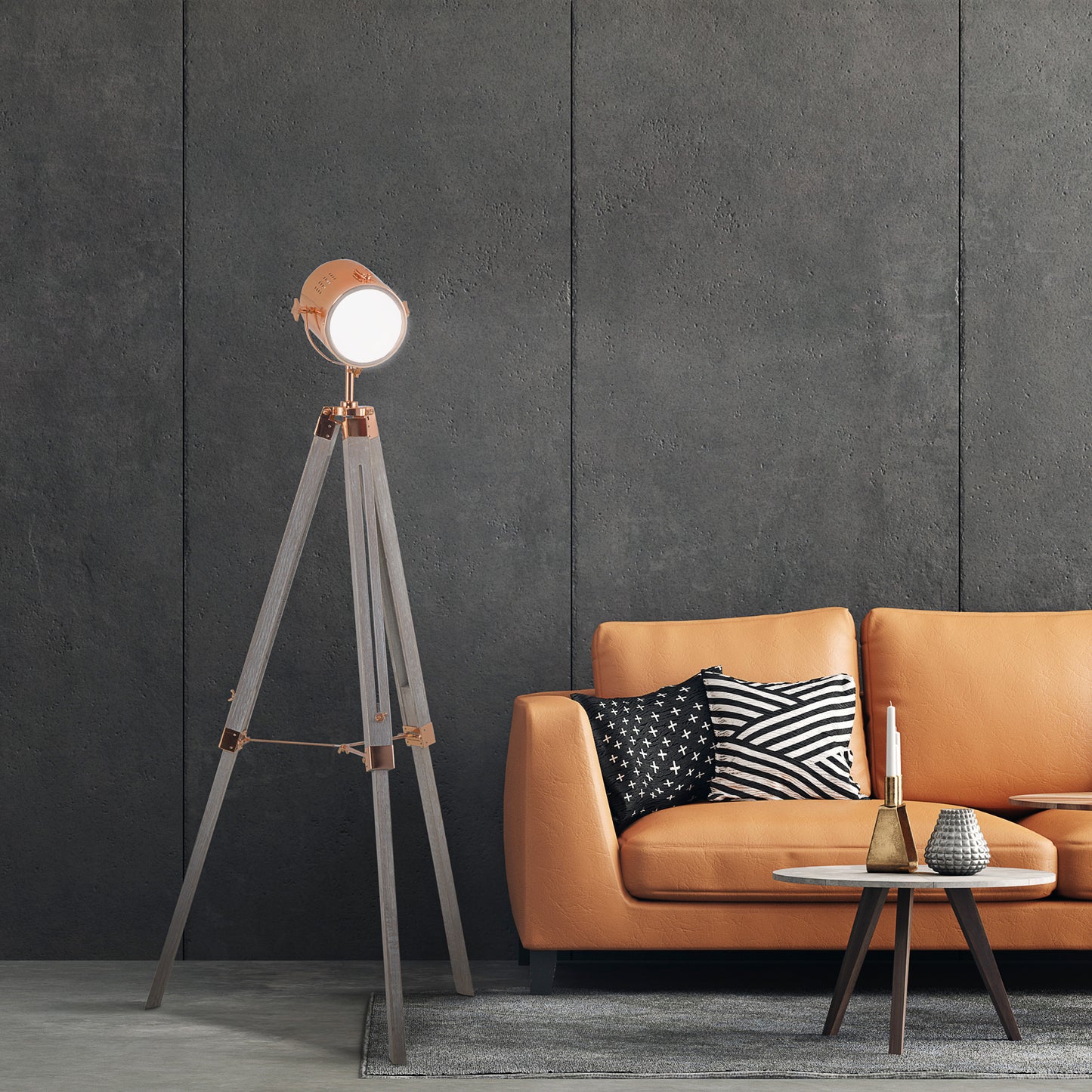 HOMCOM Floor Spotlight, Tripod Floor Lamp, Wooden Retro Searchlight Style Shade, E14 Bulbs, Home Decor Living Room 