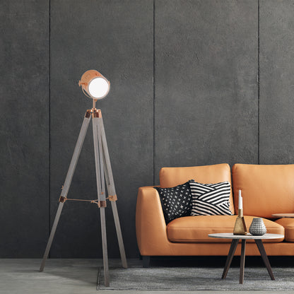 HOMCOM Floor Spotlight, Tripod Floor Lamp, Wooden Retro Searchlight Style Shade, E14 Bulbs, Home Decor Living Room 