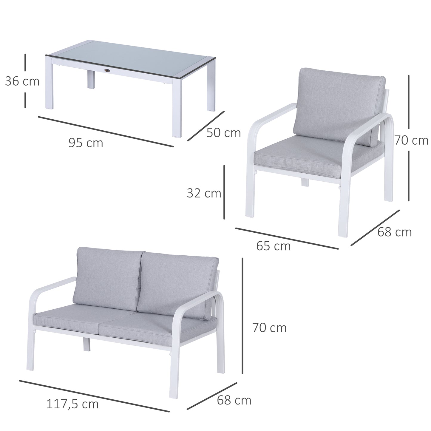 4pcs Garden Sofa Set 2 Single Armchair, 1 Bench & 1 Coffee Table Set Aluminum Frame Patio Furniture with Cushions, White