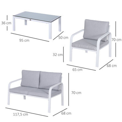 4pcs Garden Sofa Set 2 Single Armchair, 1 Bench & 1 Coffee Table Set Aluminum Frame Patio Furniture with Cushions, White