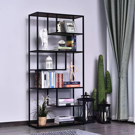 HOMCOM Steel Frame 6 Tier Staggered Display Shelf Black/Brown 