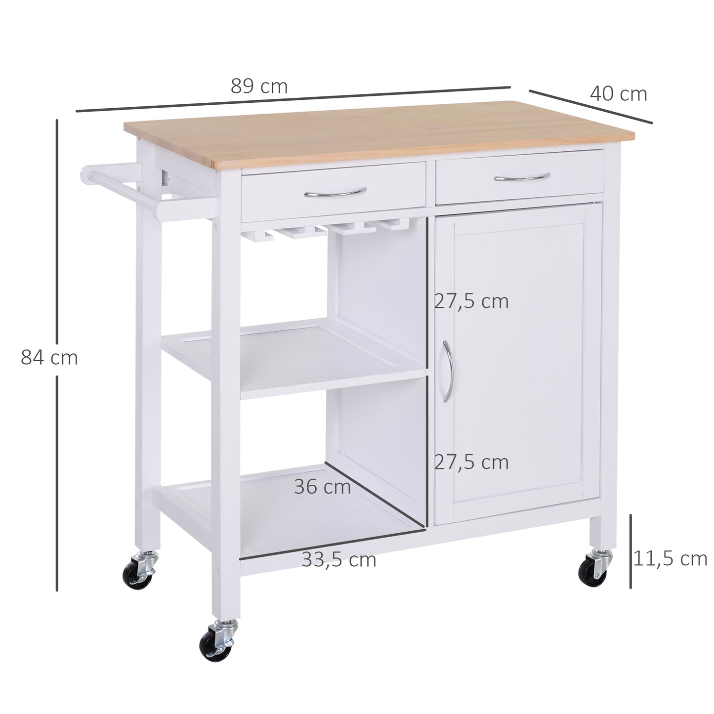 Kitchen Trolley on Wheels, Shelves Towel Rail 2 Drawers Wine Glass Rack