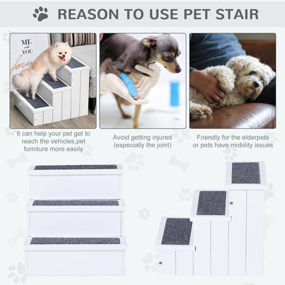 Dog Steps for Bed, Dog Stairs, 3 Step Wooden Carpeted Pet Stairs Ramp for Cats and Small Dogs with Non-Slip Carpet, White