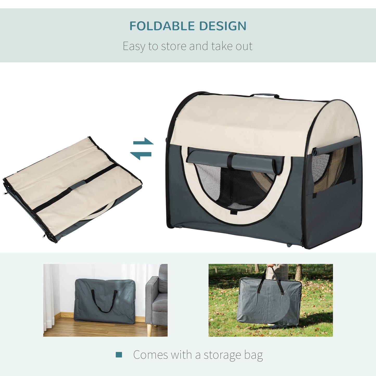 Small Medium Dog Crate Dog Carrier Dog Travel Crate Folding Fabric Soft 81Lx56Wx66Hcm-Grey