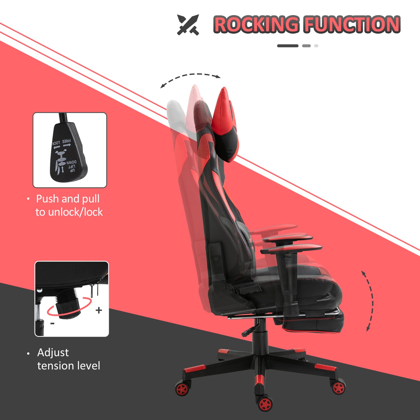 Reclining Gaming Chair with Footrest, Ergonomics, PU Leather Bull Horn Headrest Red and Black