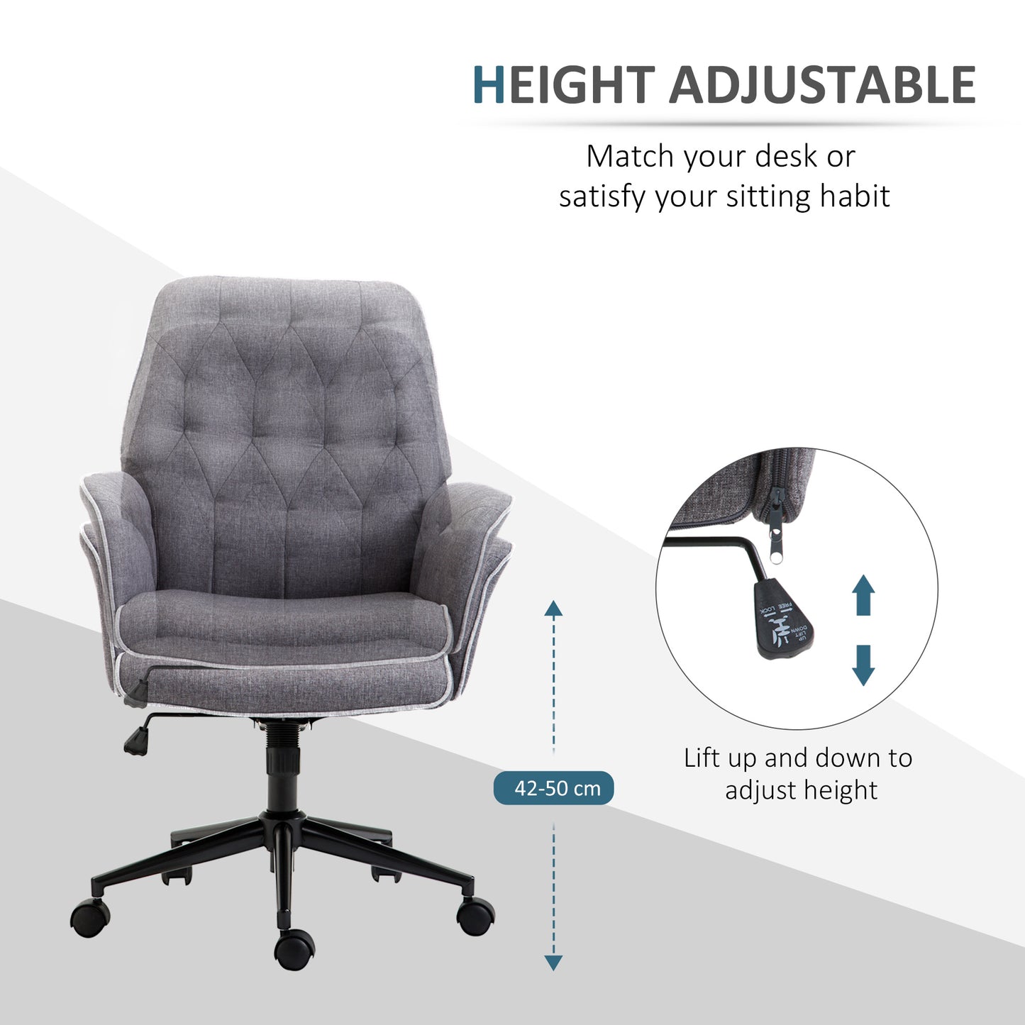 Homcom Swivel Desk Chair, Linen, Mid Back, 360° Swivel, Adjustable Height Grey