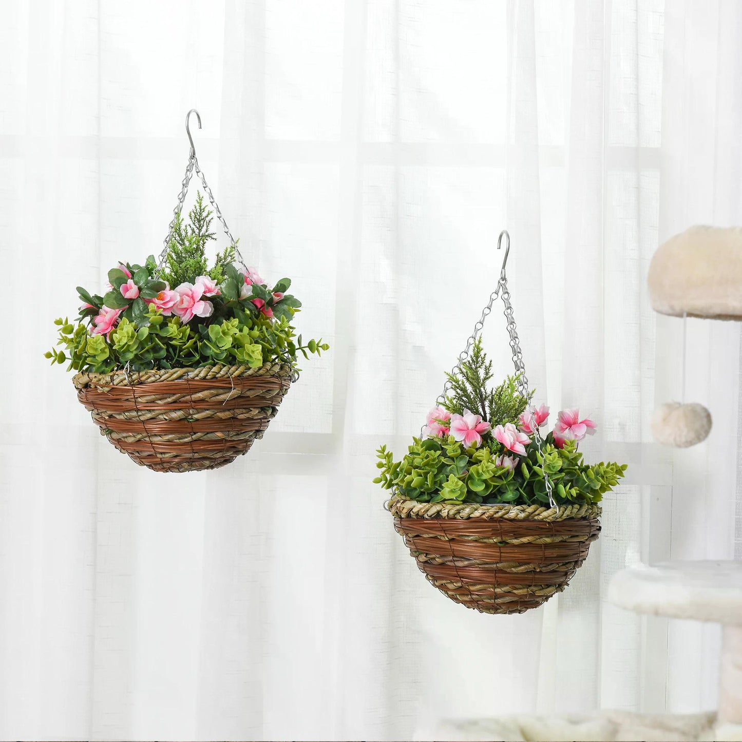 Outsunny Small Artificial Plants, Hanging, Pack of 2 Artificial Lisianthus Flowers, with Basket for Indoor Outdoor Decoration