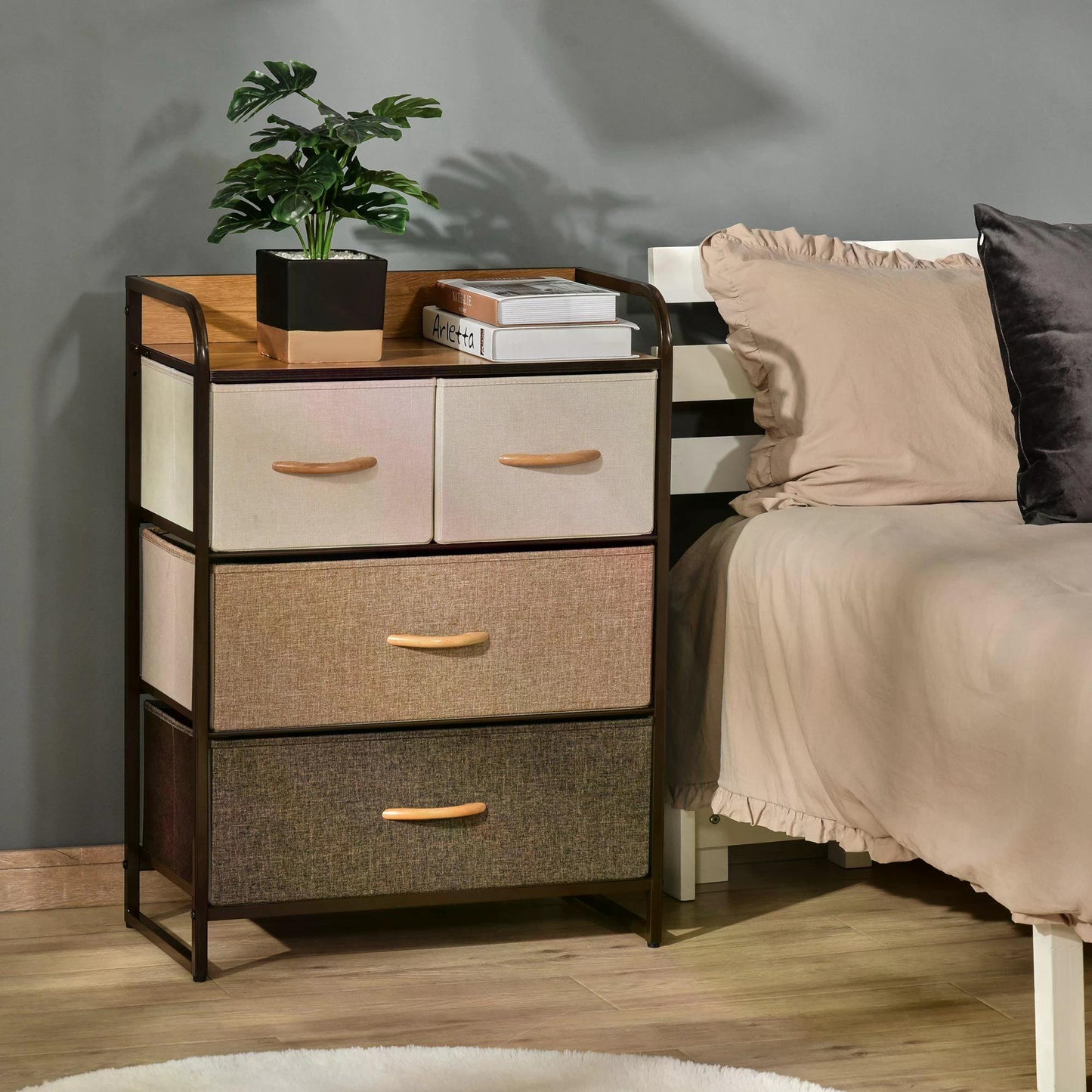 4-Drawer Dresser, 3-Tier Storage Organizer, Tower Unit for Bedroom Hallway Closets with Steel Frame Wooden Top