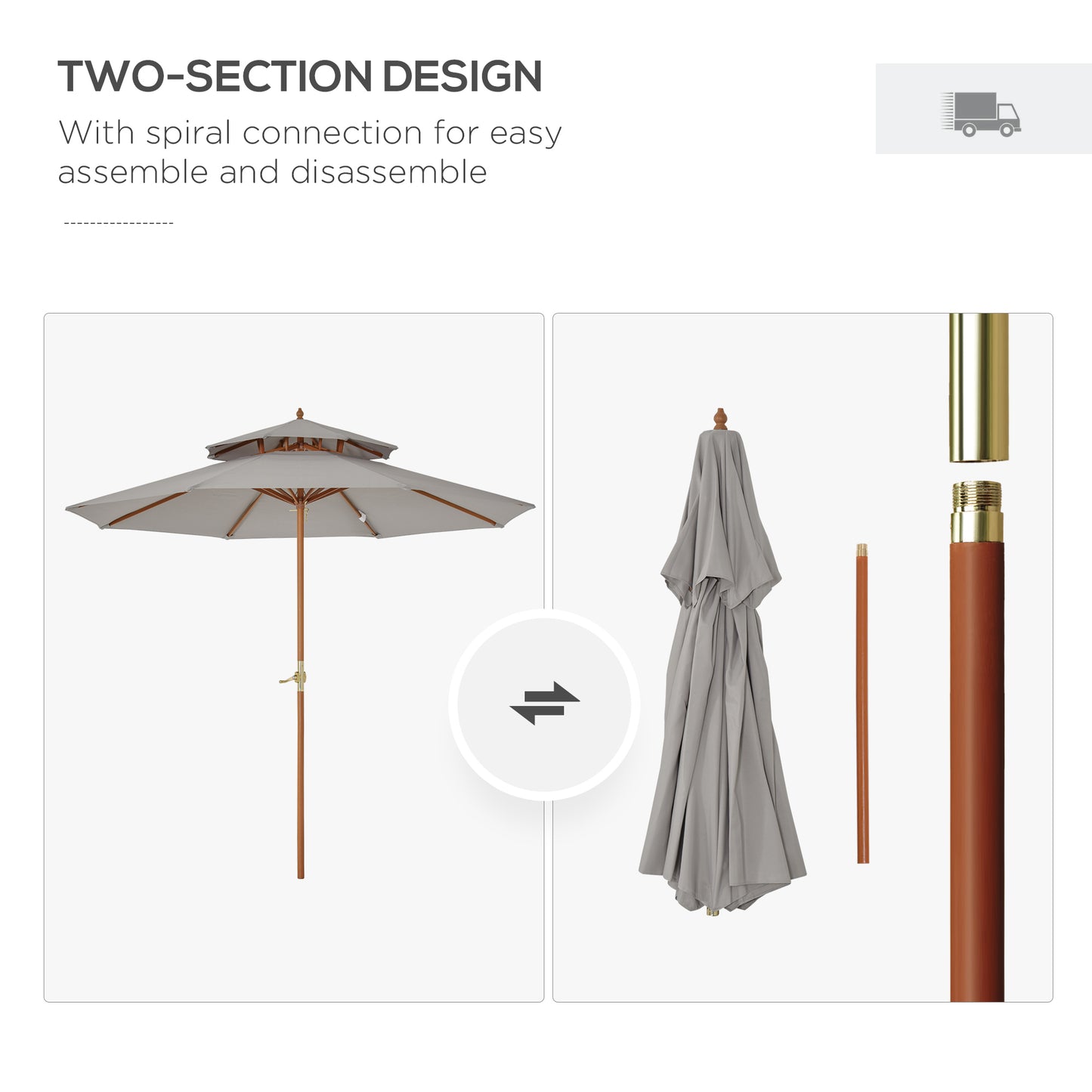 2.7 m Double Tier Outdoor Patio Garden Sun Umbrella Sunshade Wooden Parasol Grey