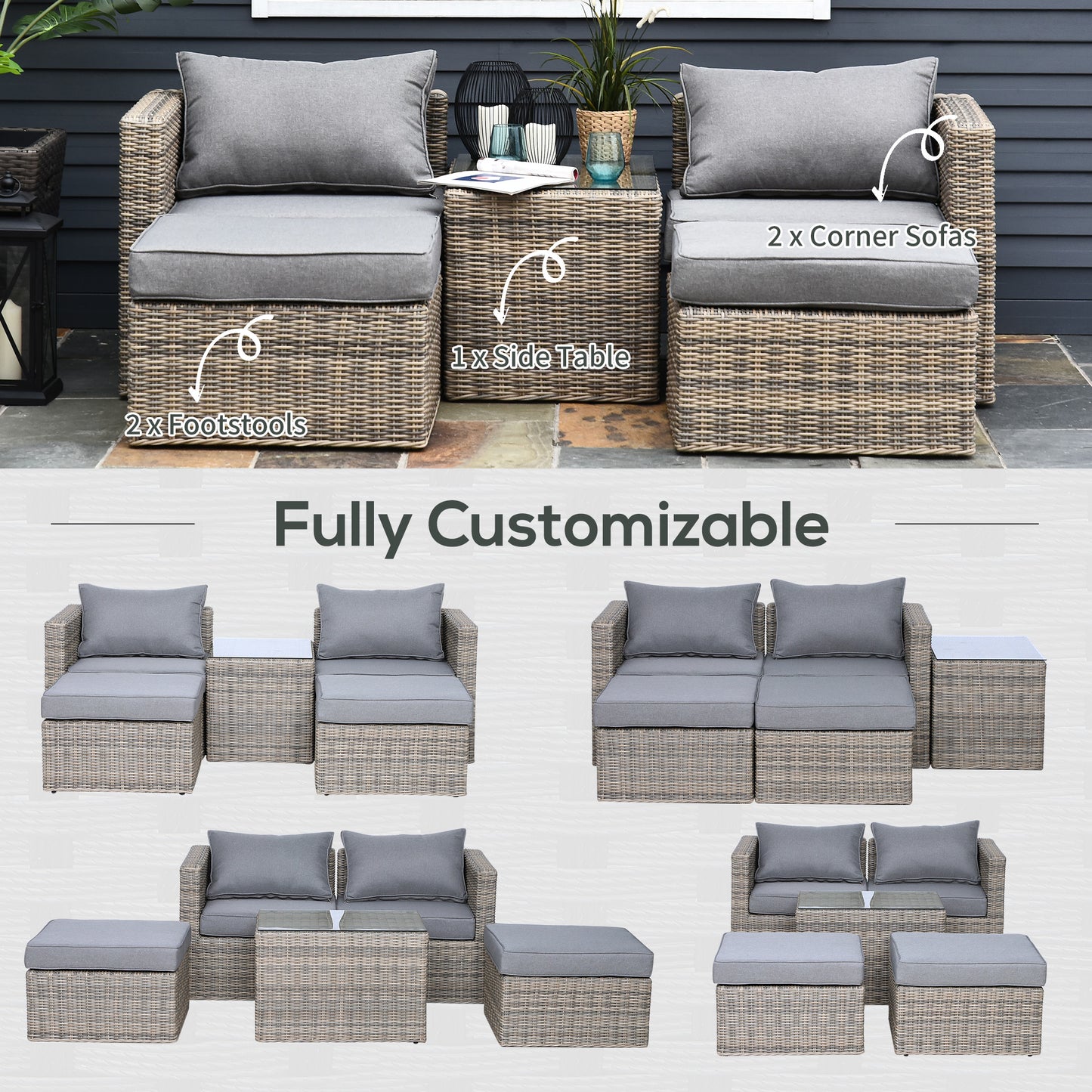 5 Pcs Rattan Garden Furniture Set w/Tall Glass-Top Table Aluminium Frame Plastic Wicker Thick Soft Cushions Comfortable Outdoor Sofa - Grey