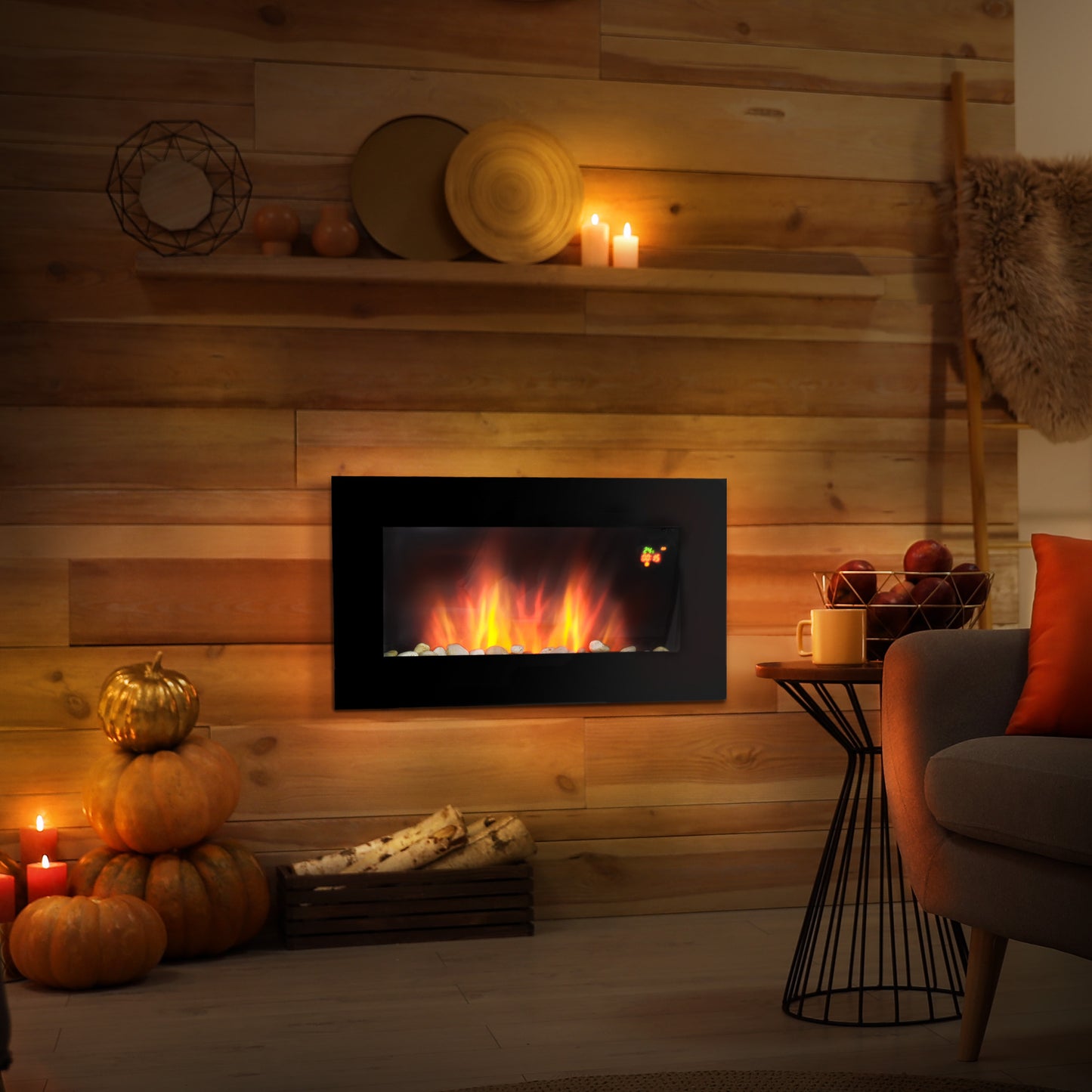 HOMCOM 1000W Wall Mounted Tempered Glass Electric Fireplace Heater Black