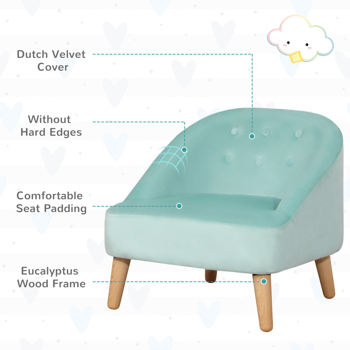 Childrens Armchair, Toddlercouch, with Footrest, Eucalyptus Wood, Dutch Velvet, Blue