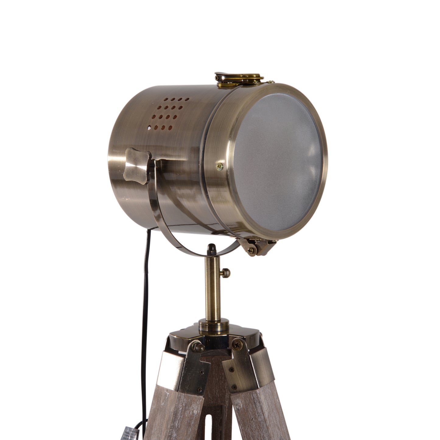 Floor Spotlight, Tripod Floor Lamp, Pine Dark Wood, Retro Photography Style Lamp Head Copper Finished Shade Home